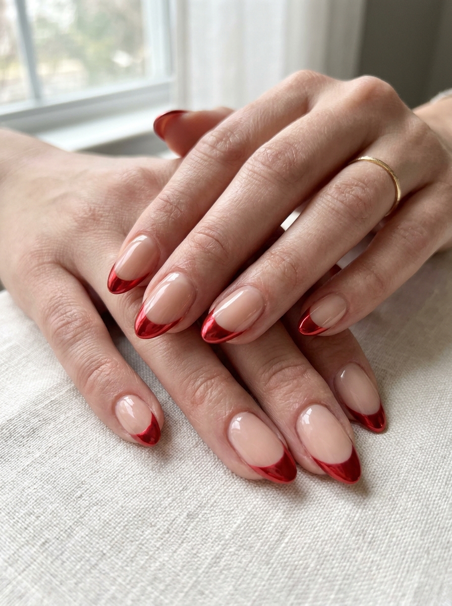 Rote Chrome French Tips auf zarter Nude-Basis